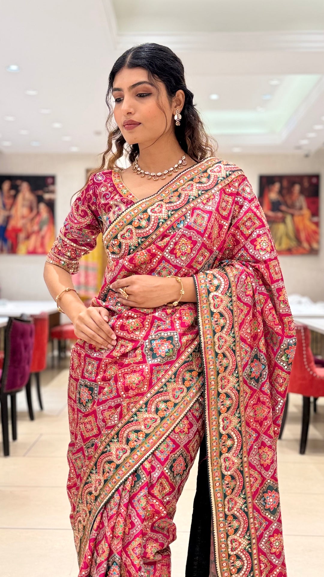 Royal Pink Embroidered Designer Saree with Traditional Motif Work
