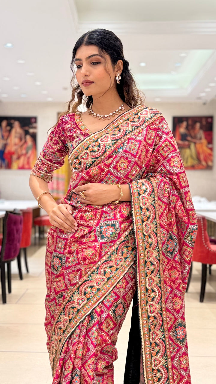 Royal Pink Embroidered Designer Saree with Traditional Motif Work