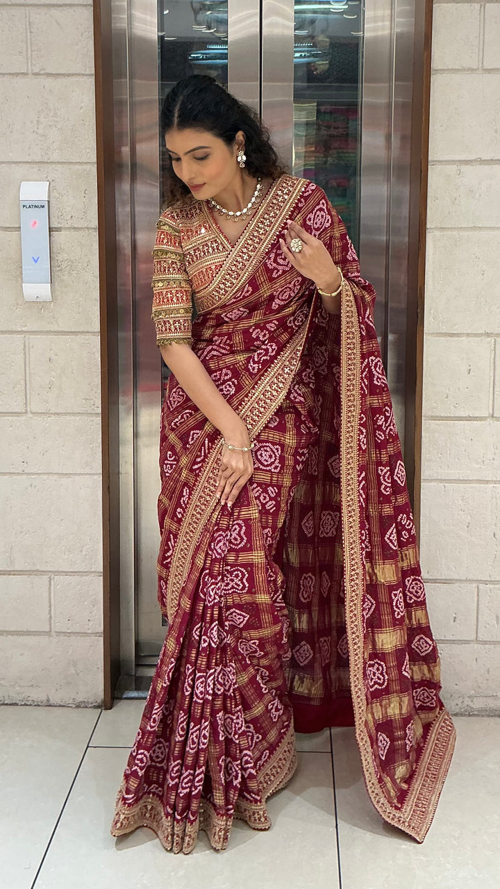 Maroon Bandhani Printed Saree with Traditional Woven Border