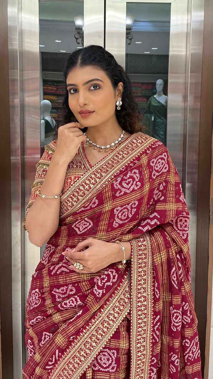 Maroon Bandhani Printed Saree with Traditional Woven Border