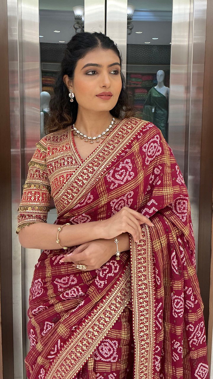 Maroon Bandhani Printed Saree with Traditional Woven Border