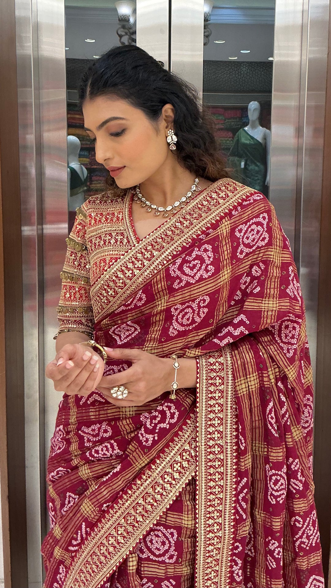 Maroon Bandhani Printed Saree with Traditional Woven Border
