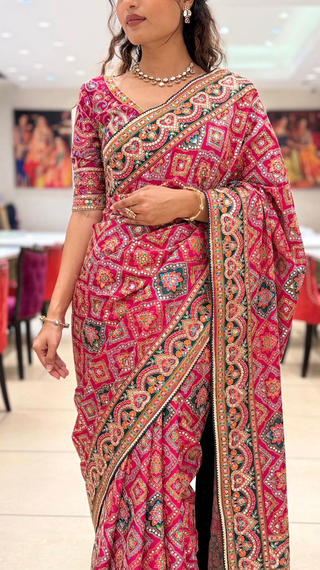 Royal Pink Embroidered Designer Saree with Traditional Motif Work