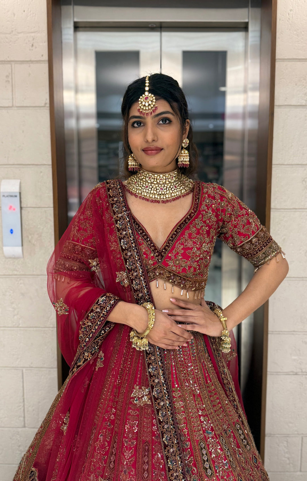 Deep Red Heavy Embroidered Bridal Lehenga Set with Handwork Blouse & Net Dupatta