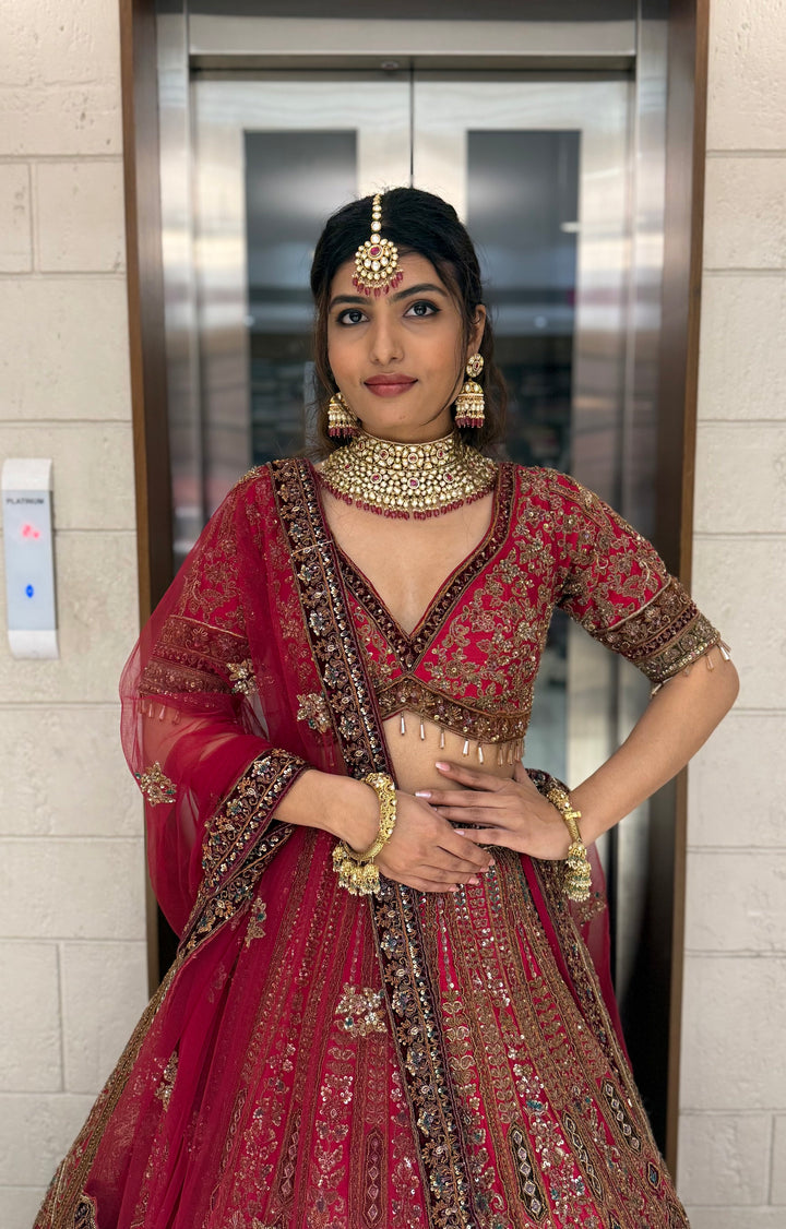 Deep Red Heavy Embroidered Bridal Lehenga Set with Handwork Blouse & Net Dupatta