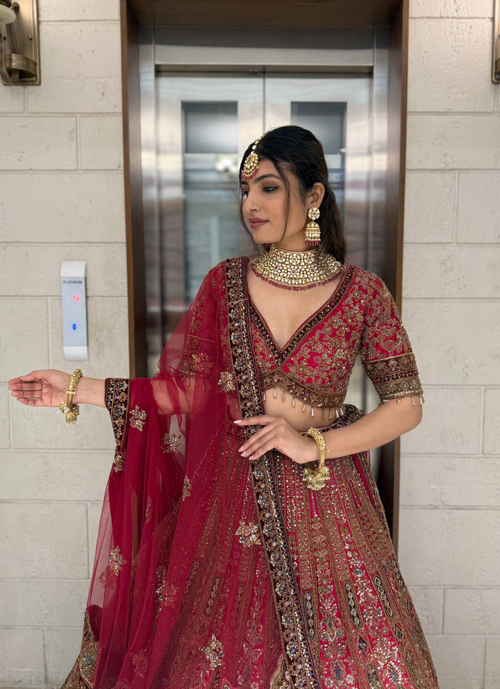 Deep Red Heavy Embroidered Bridal Lehenga Set with Handwork Blouse & Net Dupatta