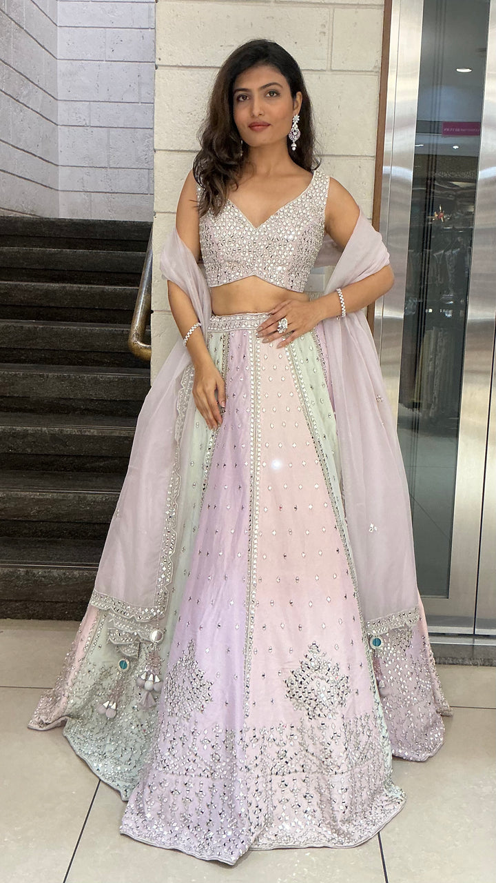 Pastel Multicolor Mirror Work Designer Lehenga Set with Net Dupatta