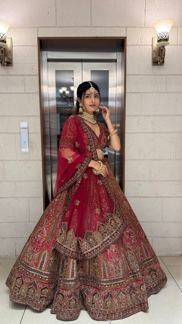Deep Red Heavy Embroidered Bridal Lehenga Set with Handwork Blouse & Net Dupatta