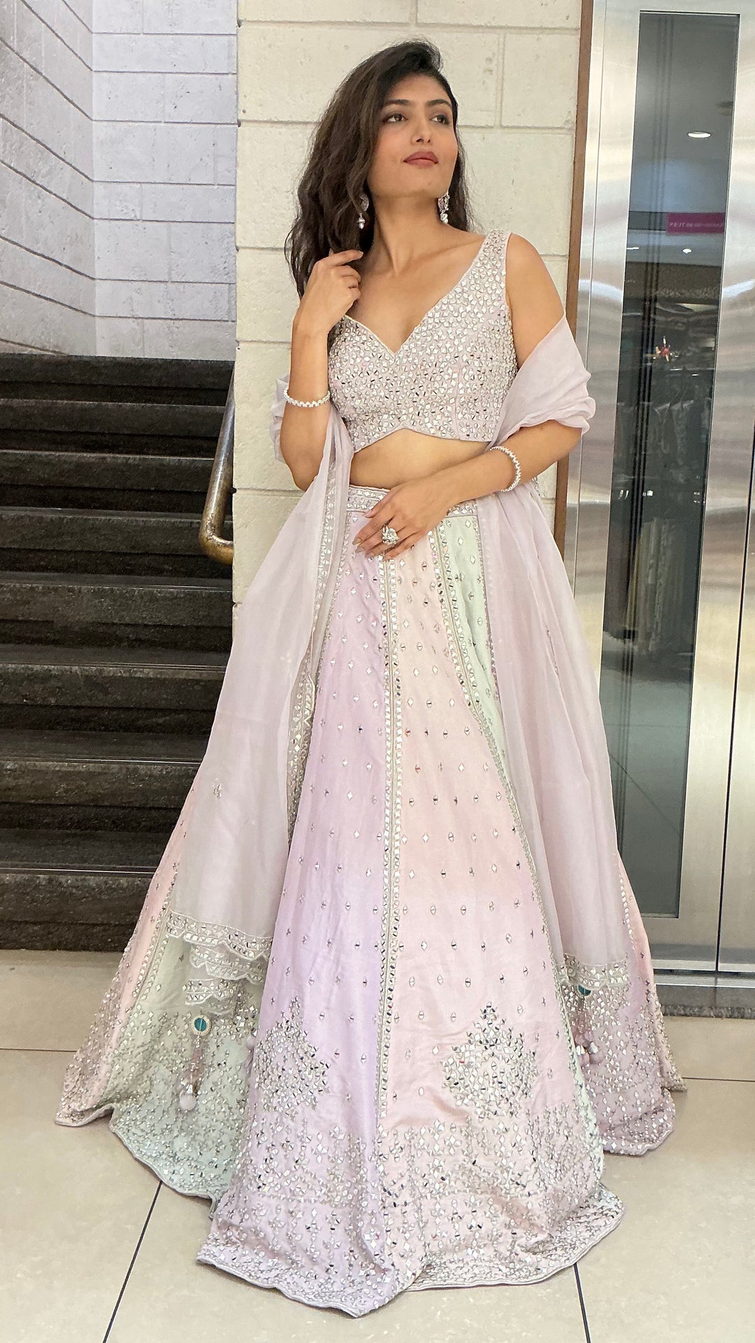 Pastel Multicolor Mirror Work Designer Lehenga Set with Net Dupatta