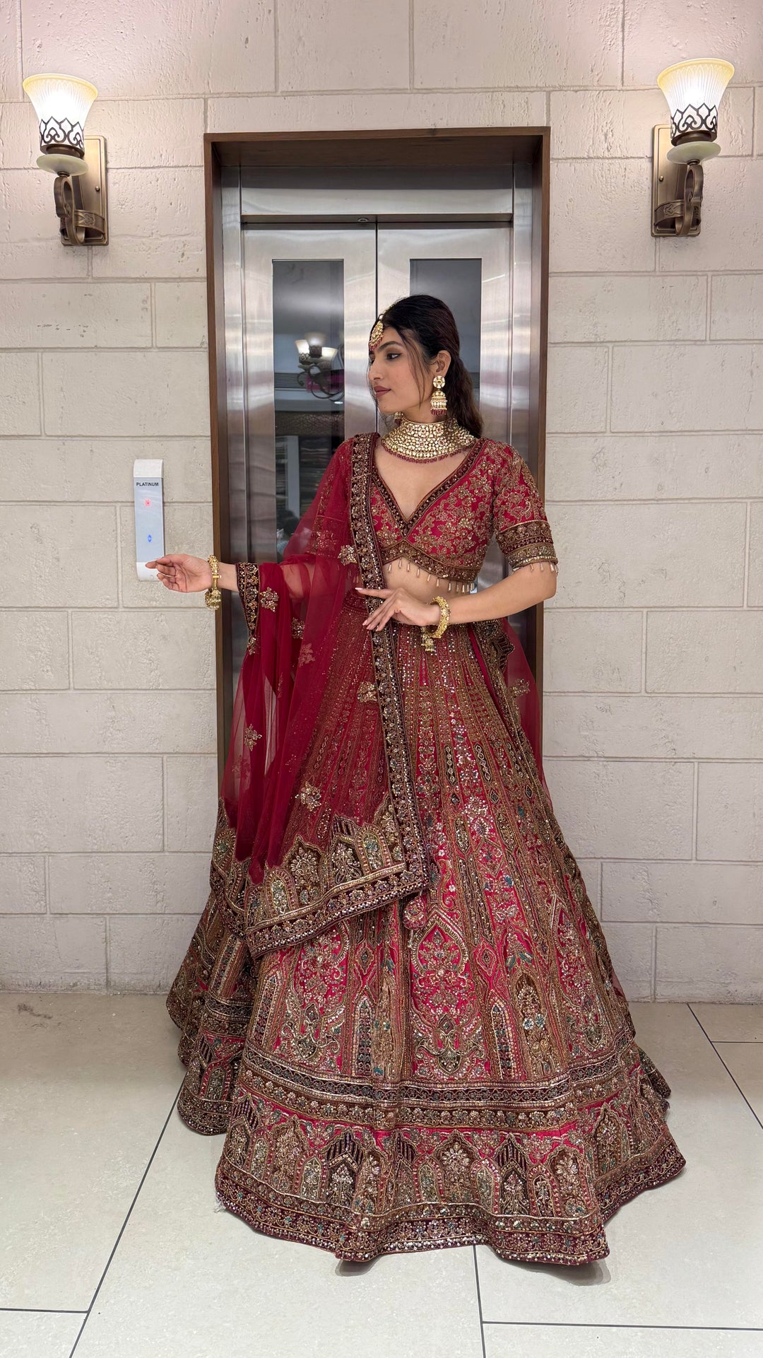 Deep Red Heavy Embroidered Bridal Lehenga Set with Handwork Blouse & Net Dupatta