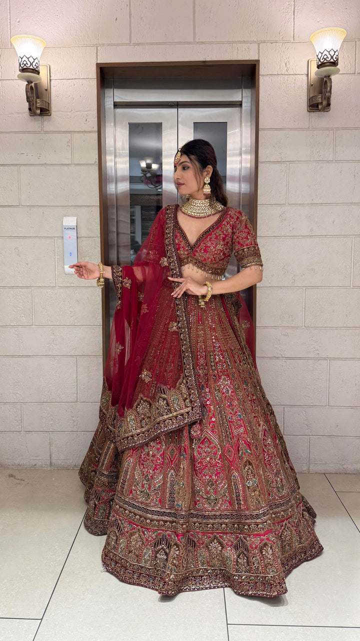 Deep Red Heavy Embroidered Bridal Lehenga Set with Handwork Blouse & Net Dupatta