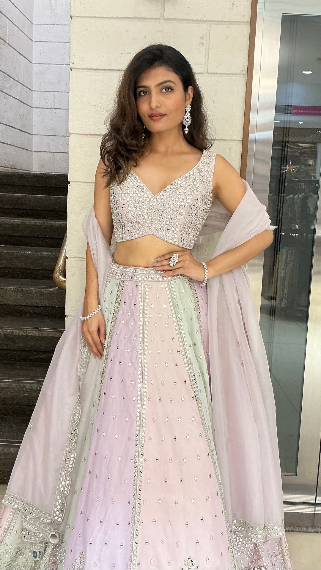 Pastel Multicolor Mirror Work Designer Lehenga Set with Net Dupatta