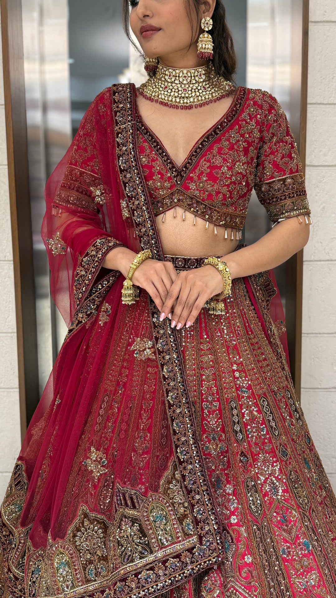 Deep Red Heavy Embroidered Bridal Lehenga Set with Handwork Blouse & Net Dupatta