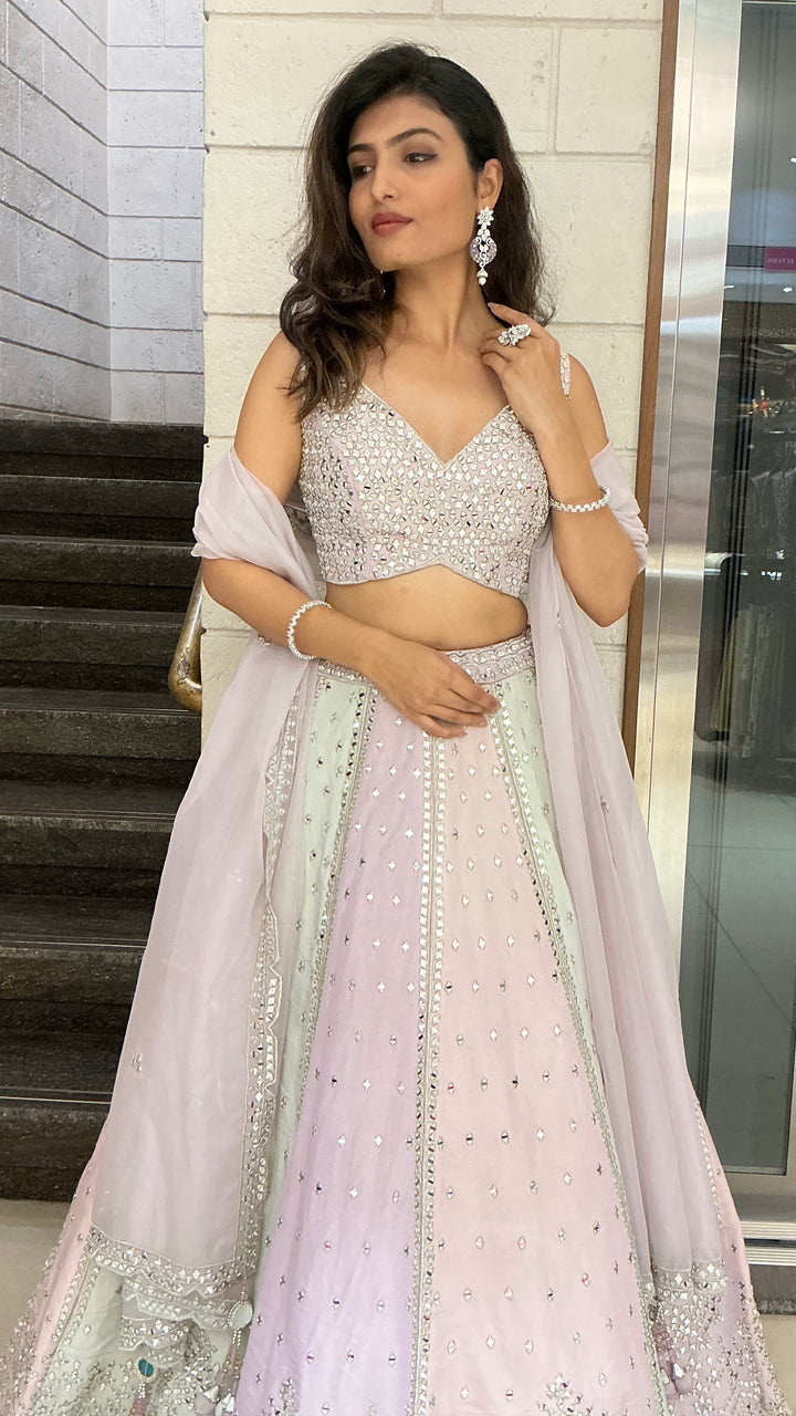 Pastel Multicolor Mirror Work Designer Lehenga Set with Net Dupatta