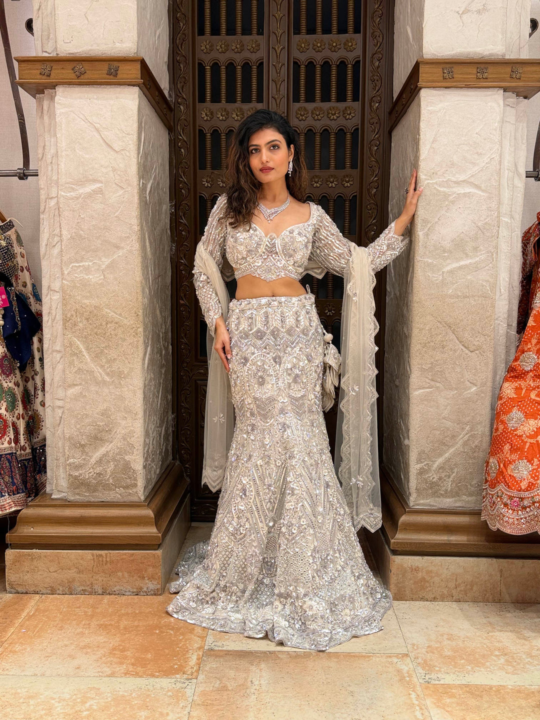 Ivory Crystal Embroidered Designer Lehenga Set with Dupatta