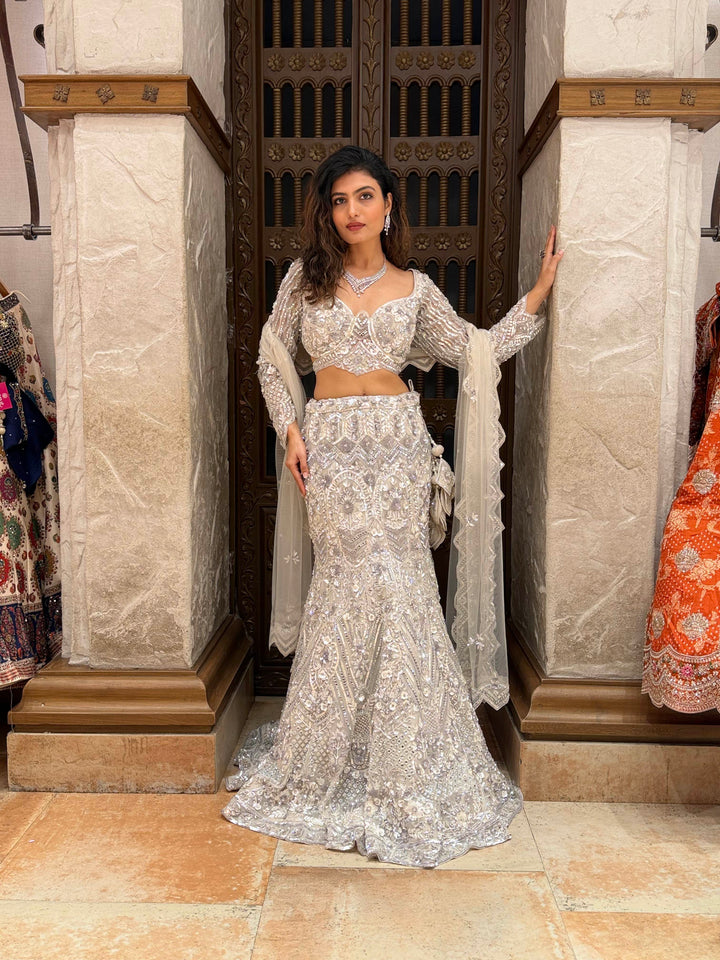 Ivory Crystal Embroidered Designer Lehenga Set with Dupatta