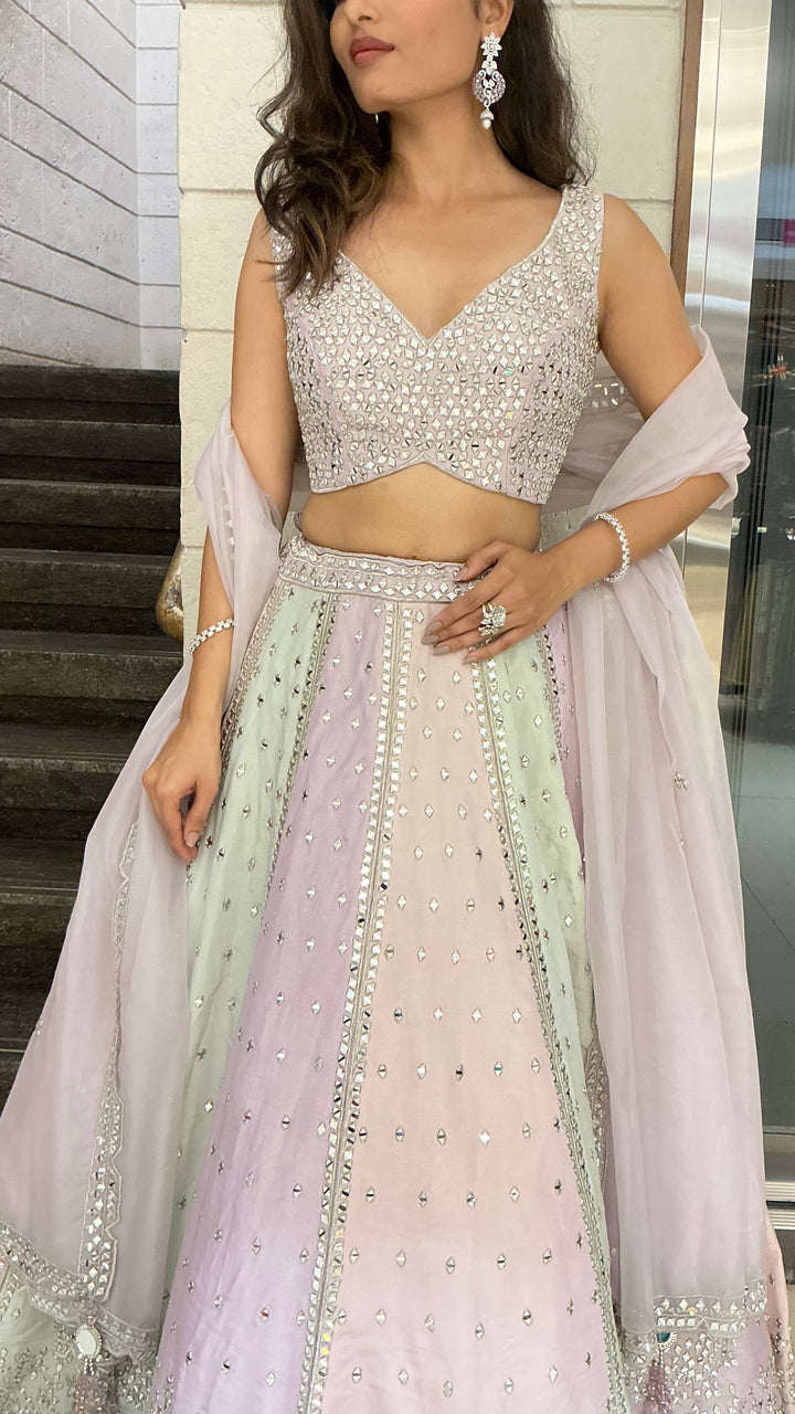 Pastel Multicolor Mirror Work Designer Lehenga Set with Net Dupatta