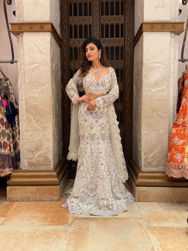 Ivory Crystal Embroidered Designer Lehenga Set with Dupatta