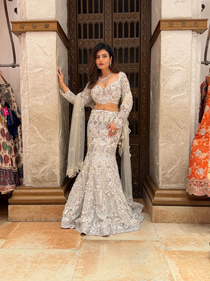 Ivory Crystal Embroidered Designer Lehenga Set with Dupatta