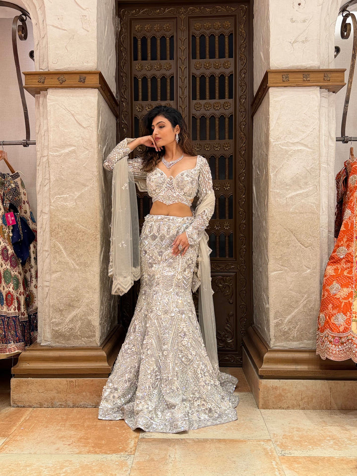Ivory Crystal Embroidered Designer Lehenga Set with Dupatta