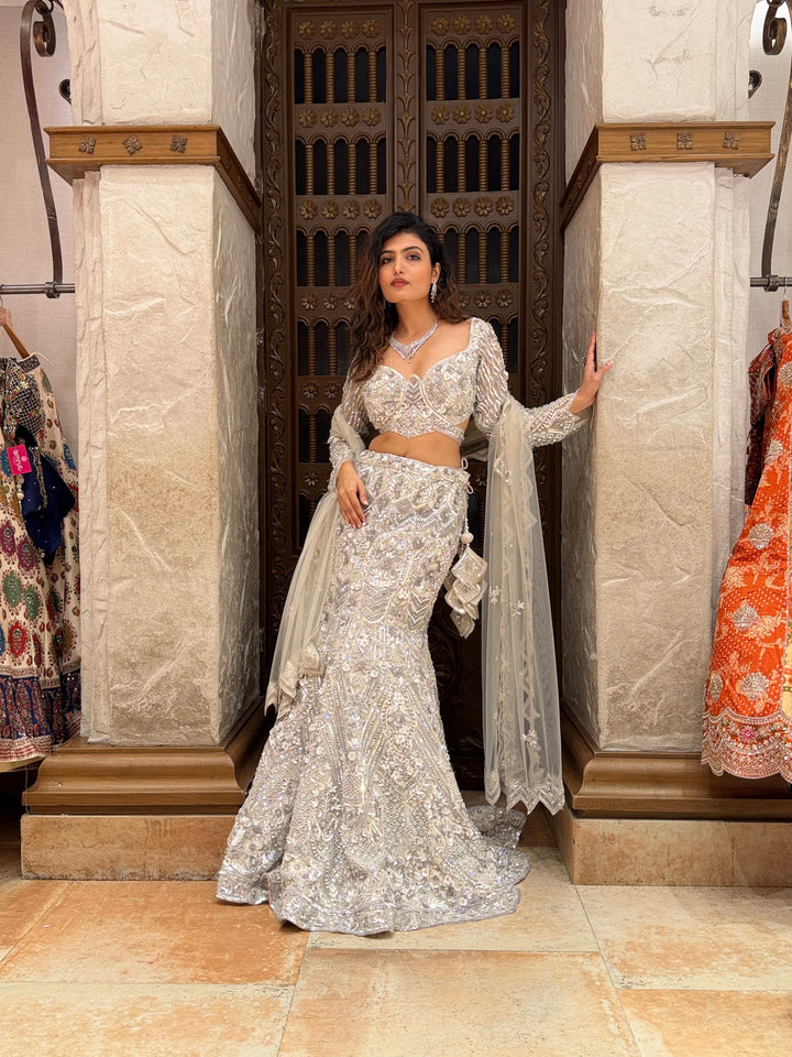 Ivory Crystal Embroidered Designer Lehenga Set with Dupatta