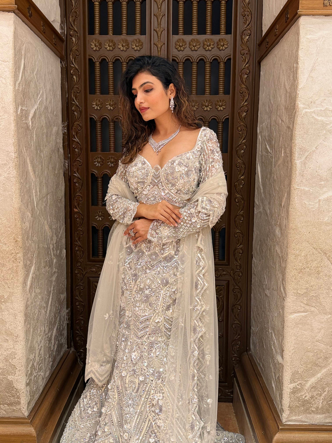 Ivory Crystal Embroidered Designer Lehenga Set with Dupatta