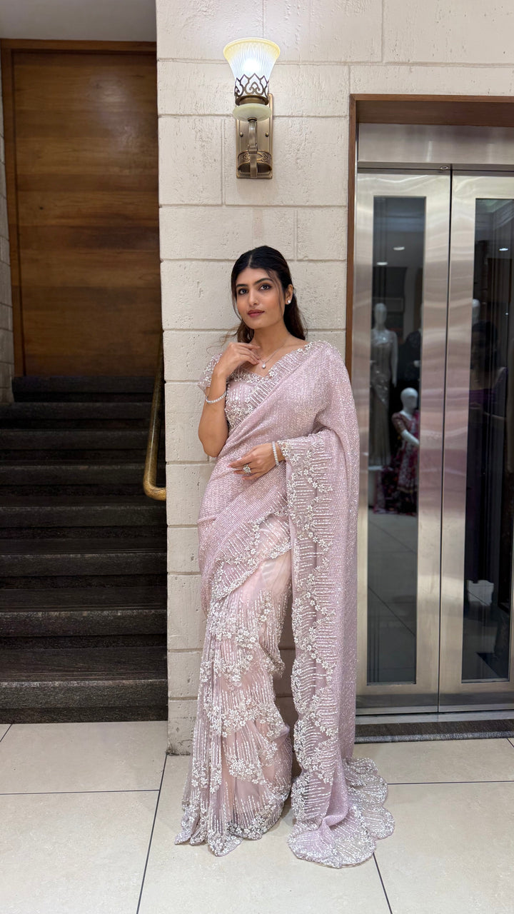 Blush Pink Sequin & Pearl Embellished Designer Saree