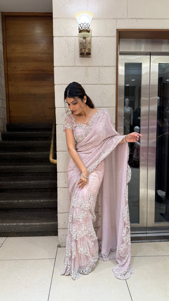 Blush Pink Sequin & Pearl Embellished Designer Saree