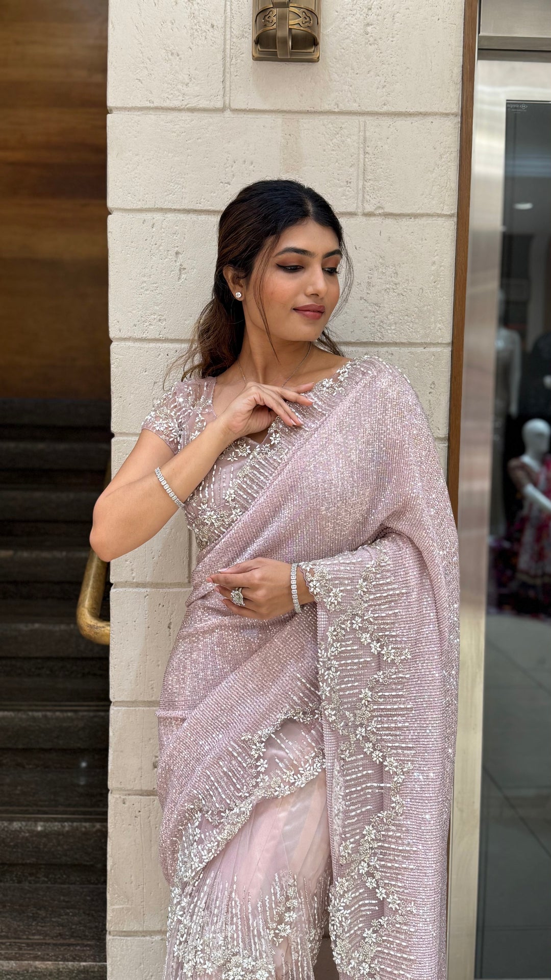 Blush Pink Sequin & Pearl Embellished Designer Saree