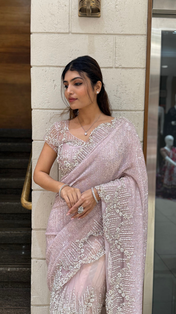 Blush Pink Sequin & Pearl Embellished Designer Saree