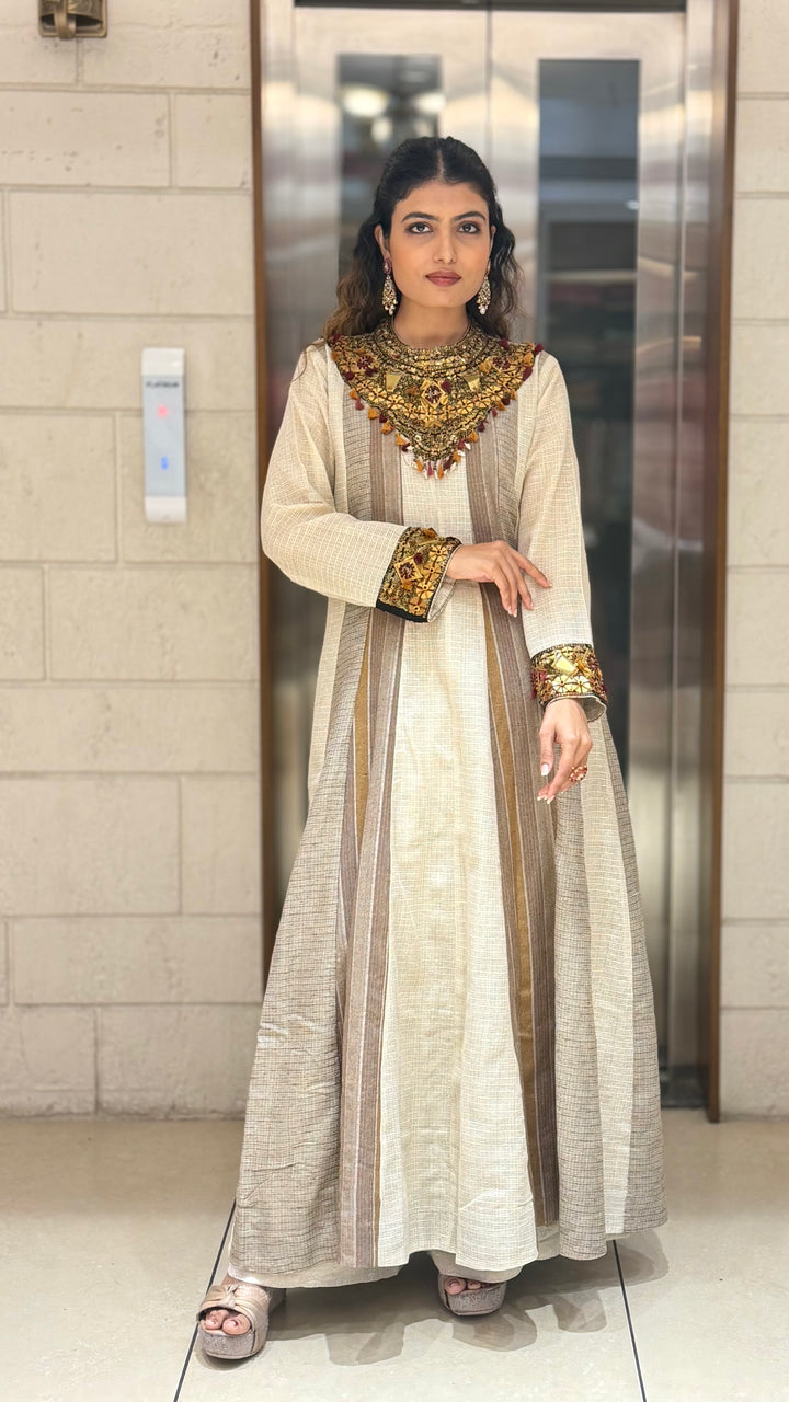 Beige Handcrafted A-Line with Embellished Statement Yoke