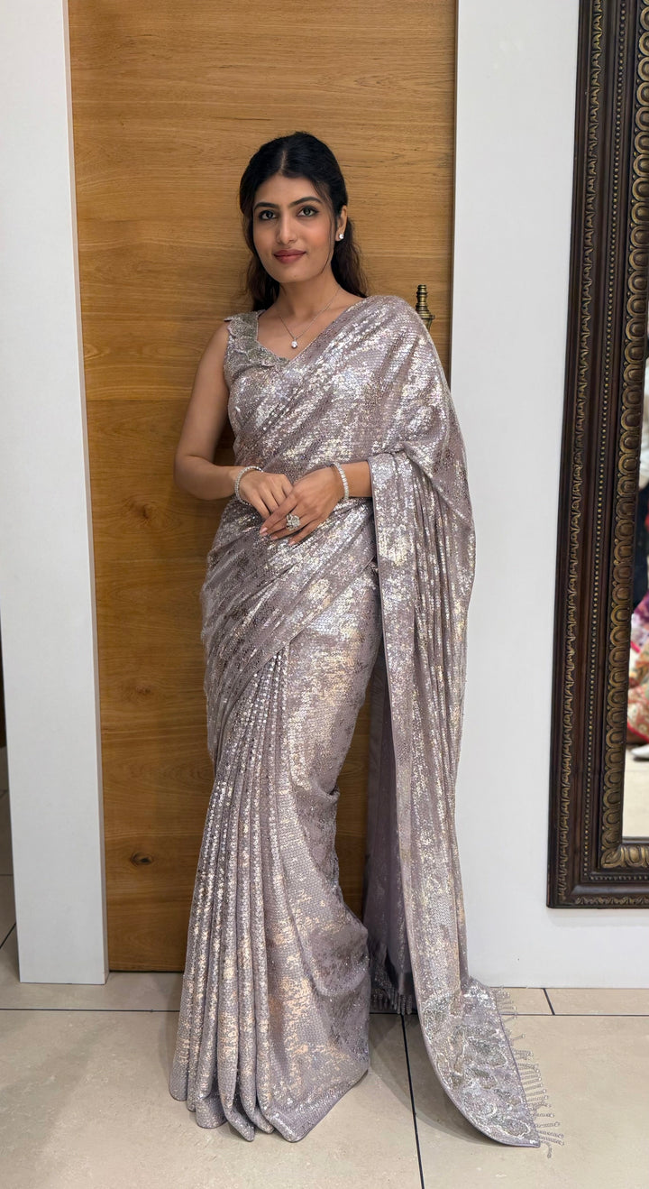 Silver Grey All-Over Sequin Designer Saree with Matching Embellished Blouse