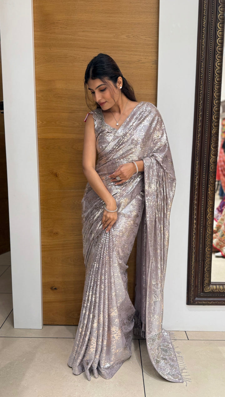Silver Grey All-Over Sequin Designer Saree with Matching Embellished Blouse