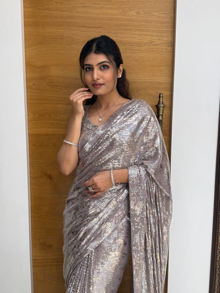 Silver Grey All-Over Sequin Designer Saree with Matching Embellished Blouse