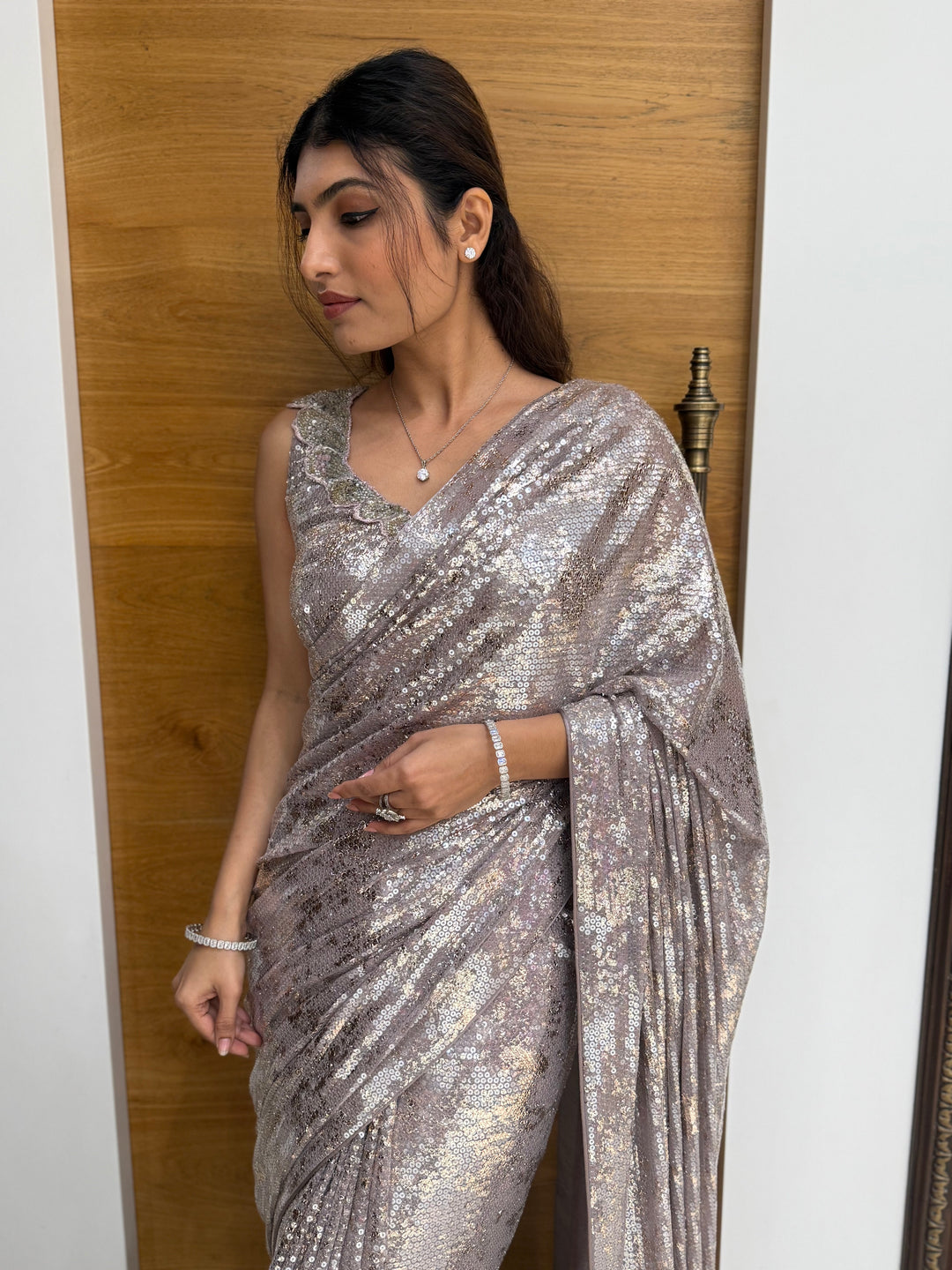 Silver Grey All-Over Sequin Designer Saree with Matching Embellished Blouse