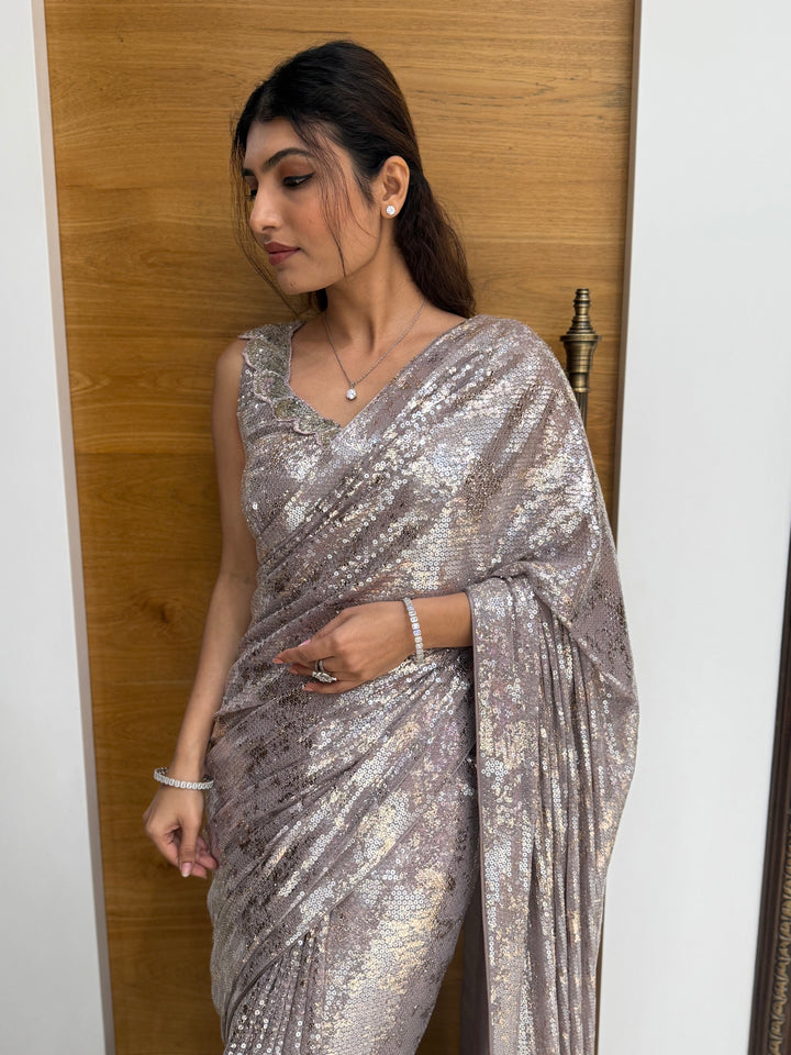Silver Grey All-Over Sequin Designer Saree with Matching Embellished Blouse