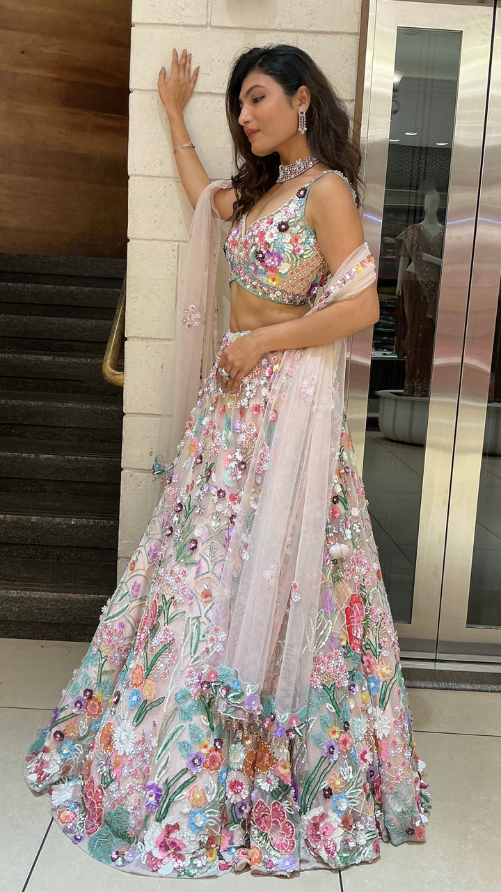 Pastel Aqua Floral Printed Lehenga Set with Dupatta