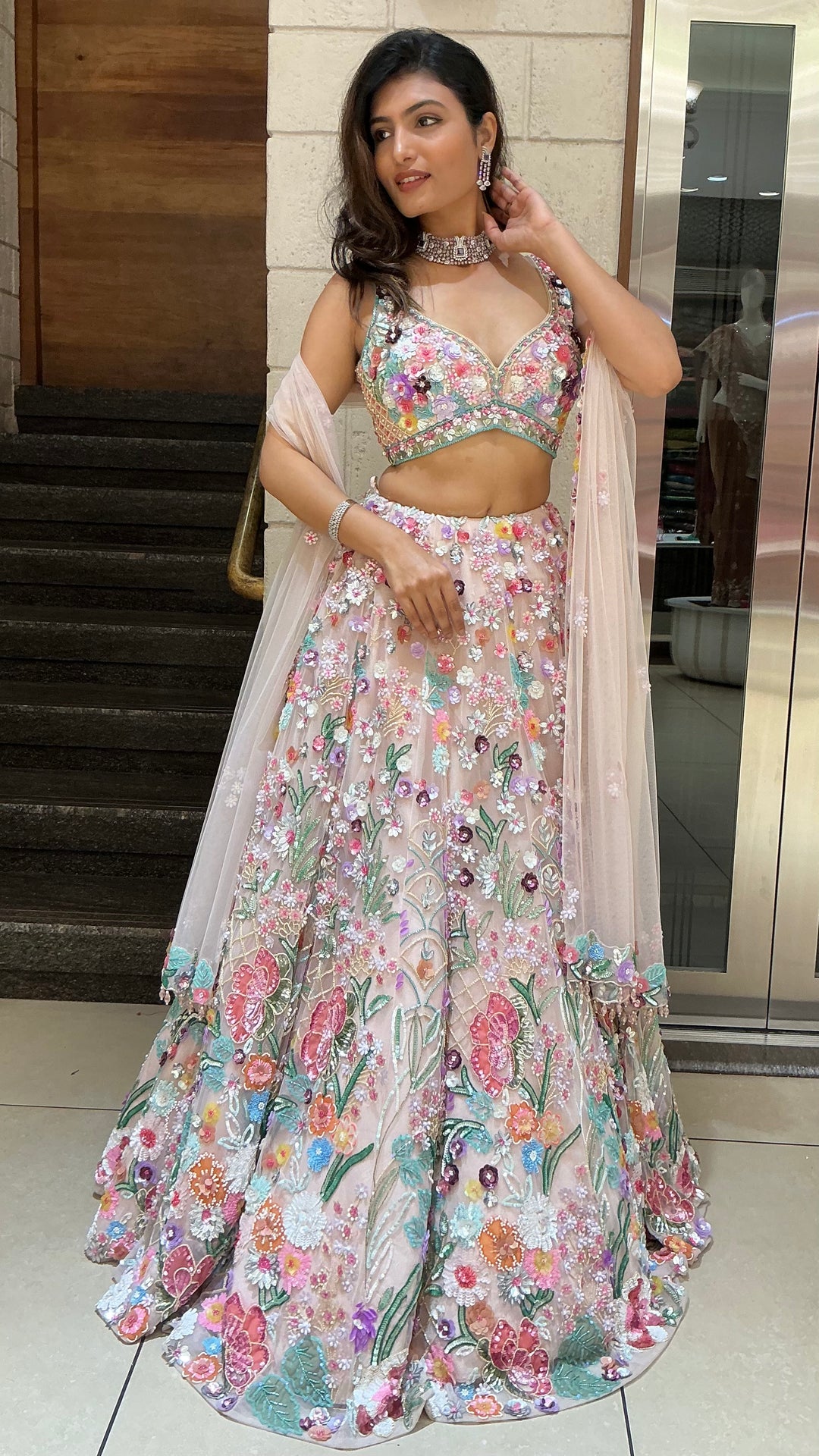 Pastel Floral Embroidered Designer Lehenga Choli with Net Dupatta