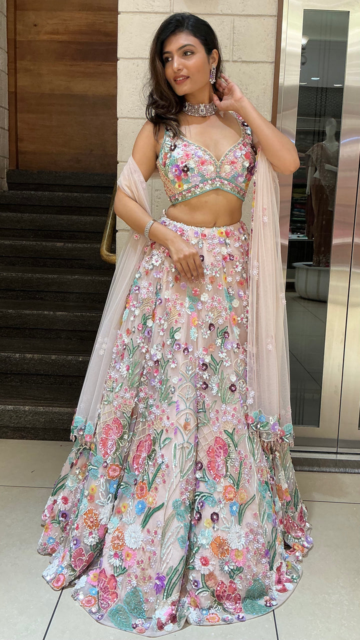 Pastel Floral Embroidered Designer Lehenga Choli with Net Dupatta