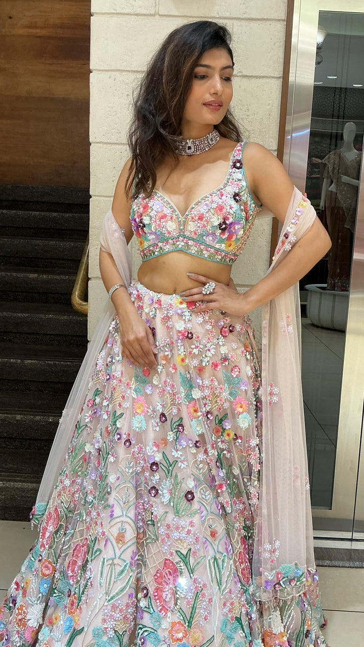 Pastel Aqua Floral Printed Lehenga Set with Dupatta