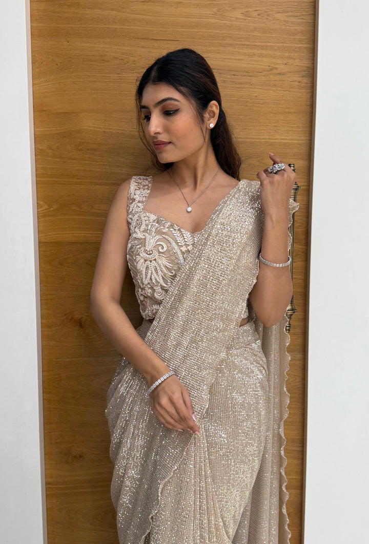 Champagne Gold All-Over Sequin Designer Saree with Embroidered Blouse