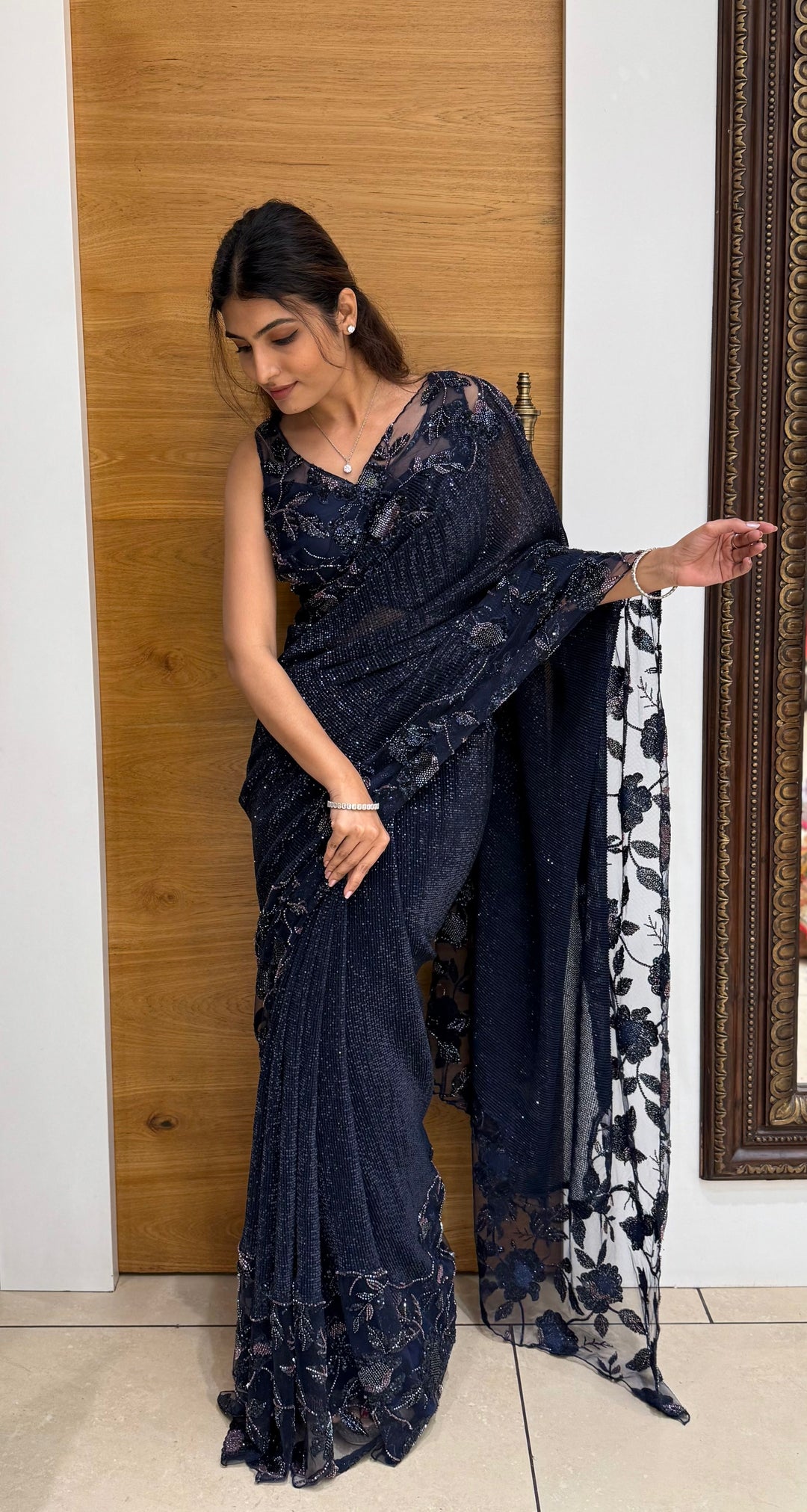 Navy Blue Sequin Embroidered Designer Saree with Matching Blouse