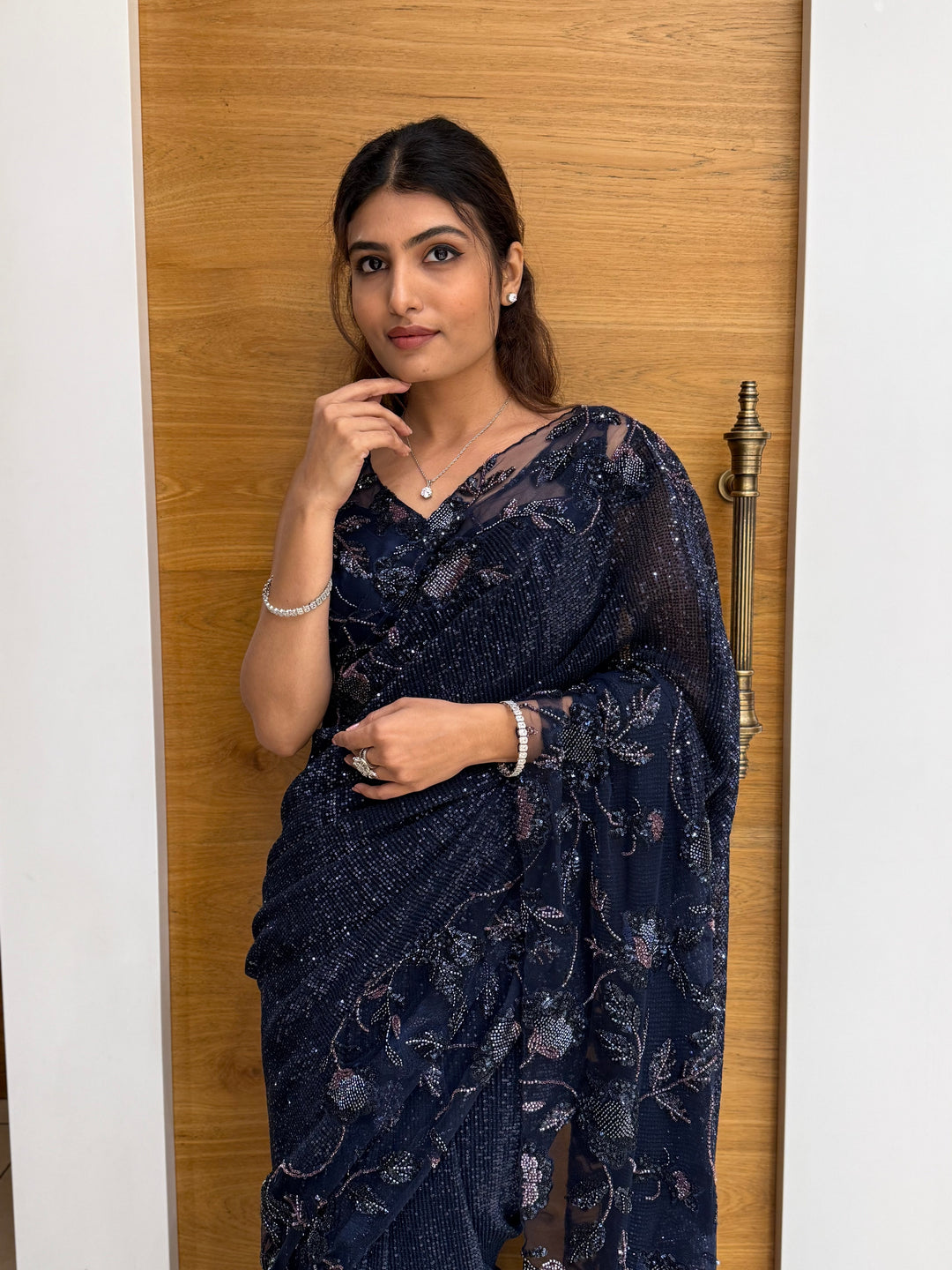 Navy Blue Sequin Embroidered Designer Saree with Matching Blouse