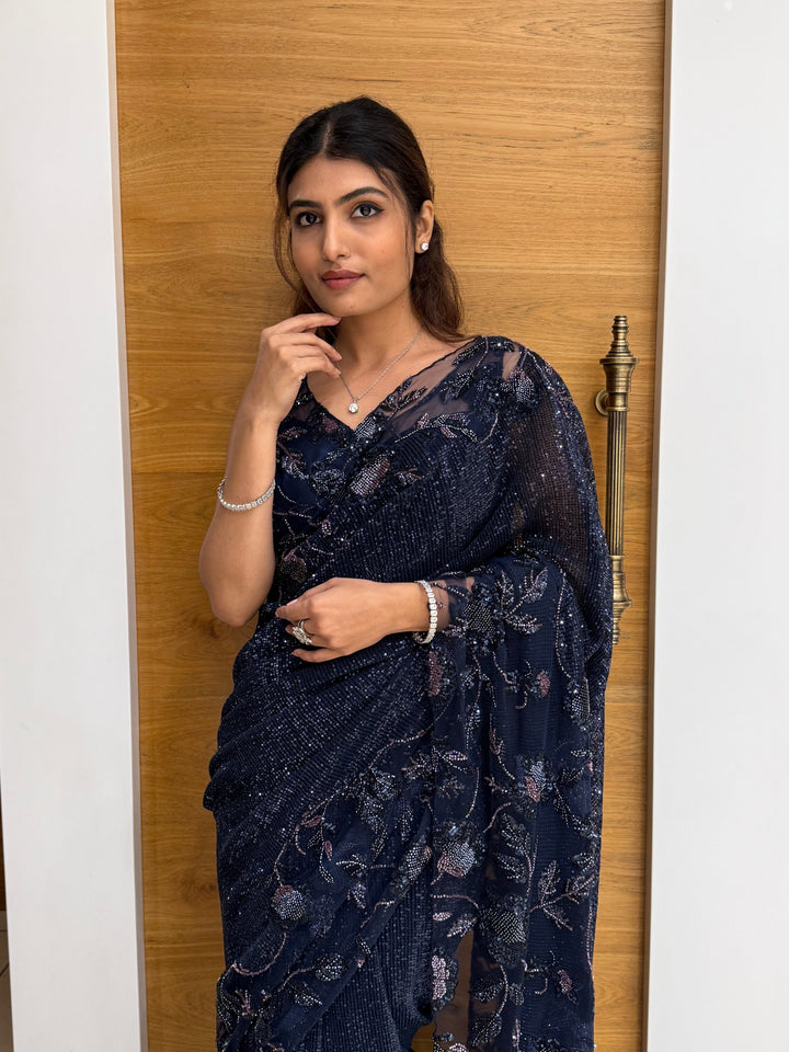 Navy Blue Sequin Embroidered Designer Saree with Matching Blouse