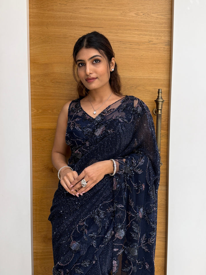 Navy Blue Sequin Embroidered Designer Saree with Matching Blouse