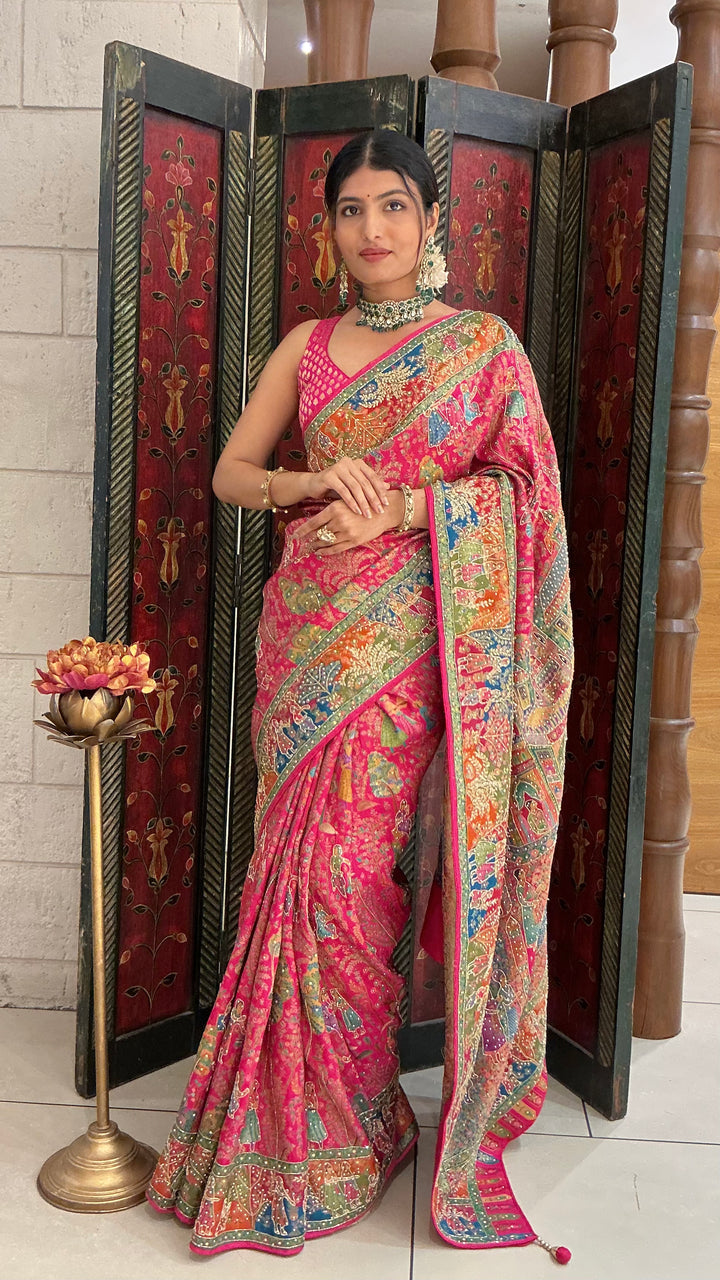 Rani Pink Multicolour Heritage Print Designer Saree with Royal Border Work