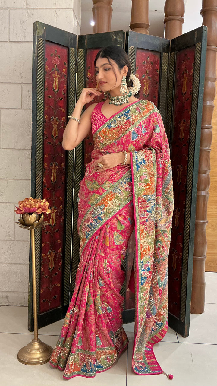 Rani Pink Multicolour Heritage Print Designer Saree with Royal Border Work