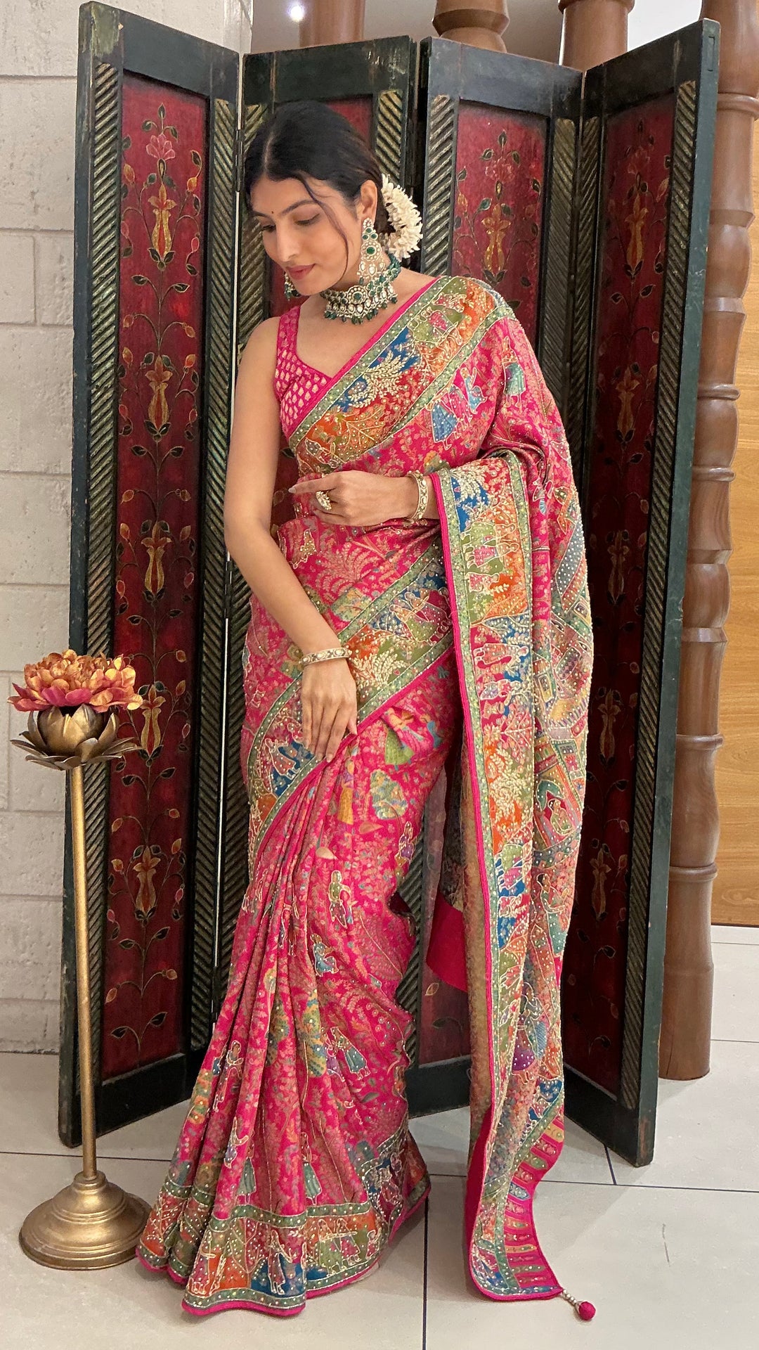 Rani Pink Multicolour Heritage Print Designer Saree with Royal Border Work