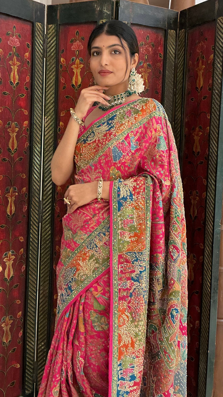 Rani Pink Multicolour Heritage Print Designer Saree with Royal Border Work