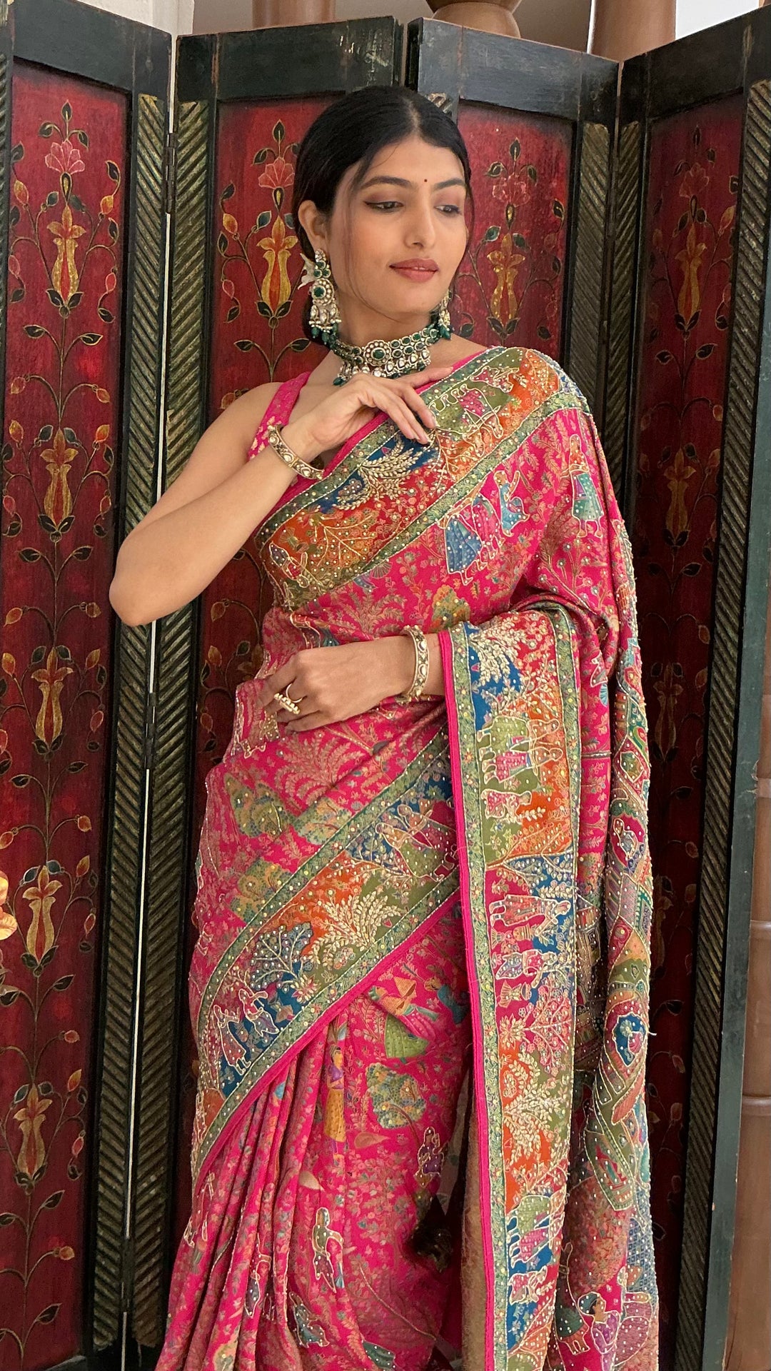 Rani Pink Multicolour Heritage Print Designer Saree with Royal Border Work